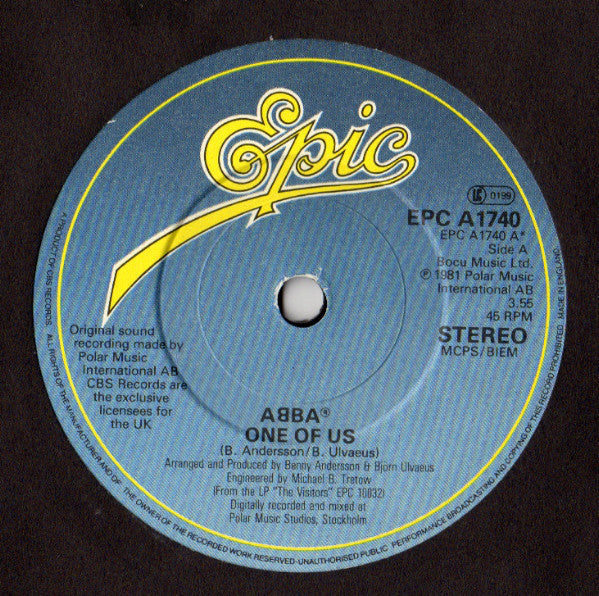 ABBA : One Of Us (7", Single, Pap)